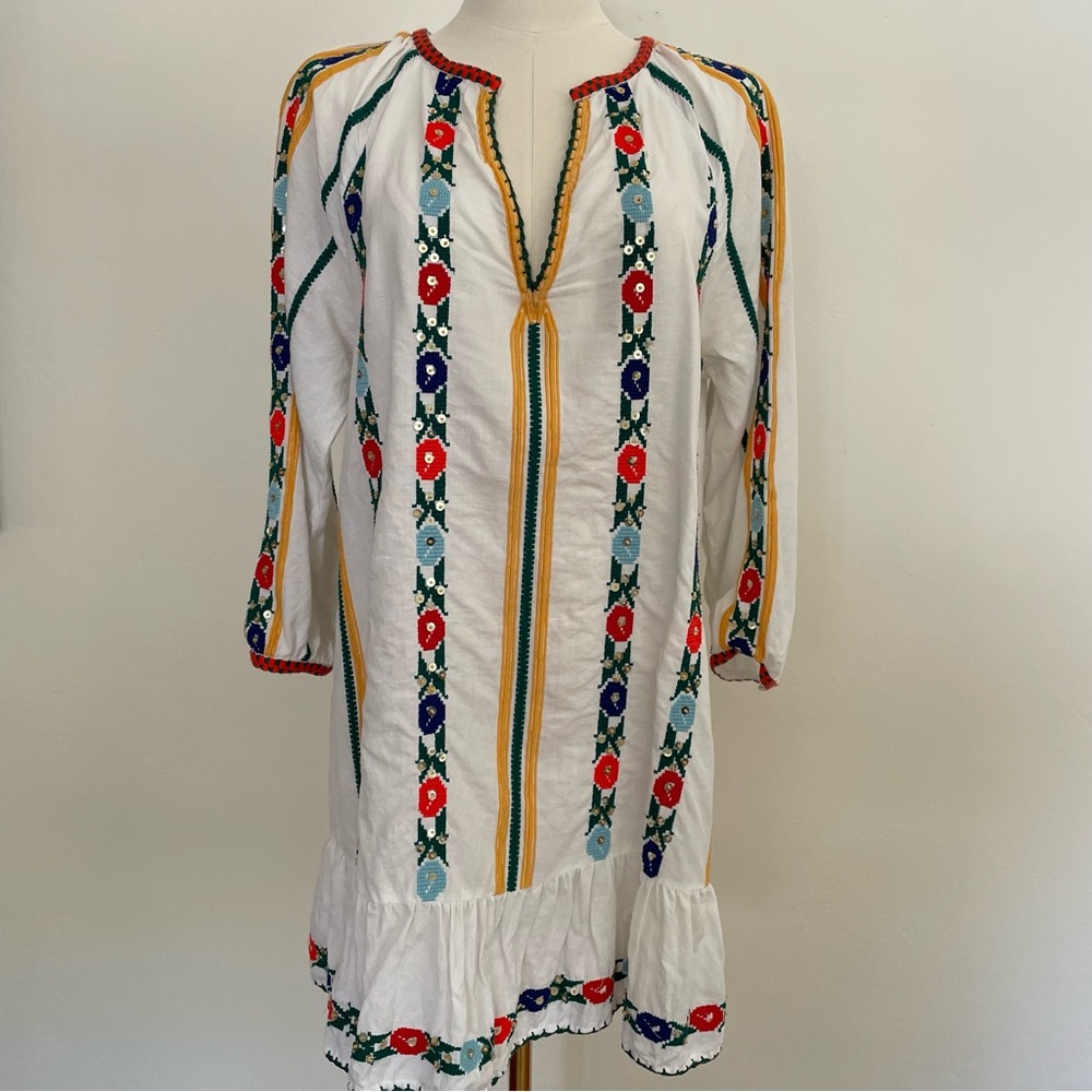 Love Sam Embroidered White Tunic Dress Cotton Linen Large Beach Vacation
